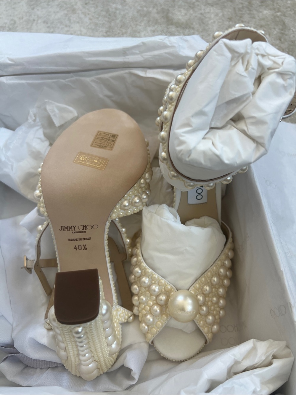 Jimmy Choo Ivory Pearl-Embellished Strappy Heels 40.5 - Picture 3 of 5